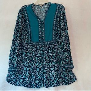Woman Within Boho Turquoise & Black Floral Split V-Neck Bib Tunic Top Size L
